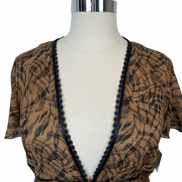Sag Harbor Top Sheer Brown Black Corset Flutter Sleeve Plunge Neck Size 18 - Picture 4 of 15